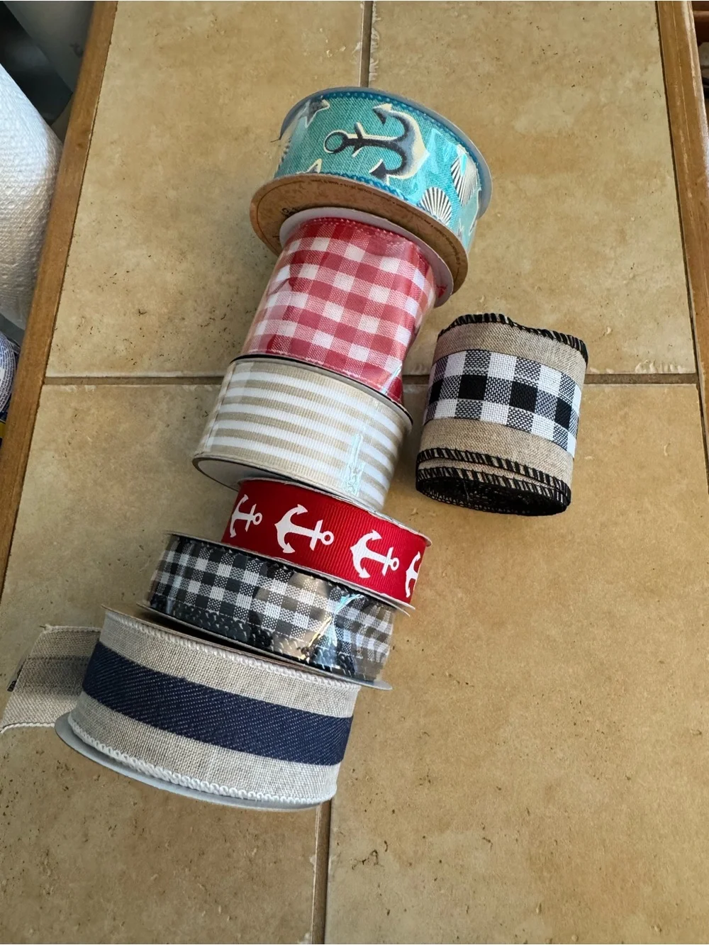 Assorted Nautical and Gingham Decorative Ribbon Bundle - Blue, Red, White, Tan