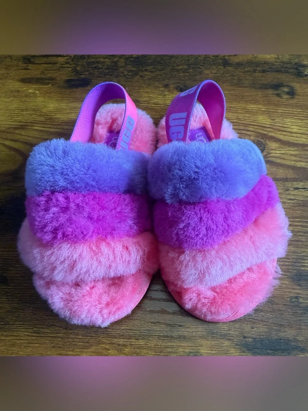 UGG Pink and Purple Fuzzy Slide Slippers Sz 8 Toddler