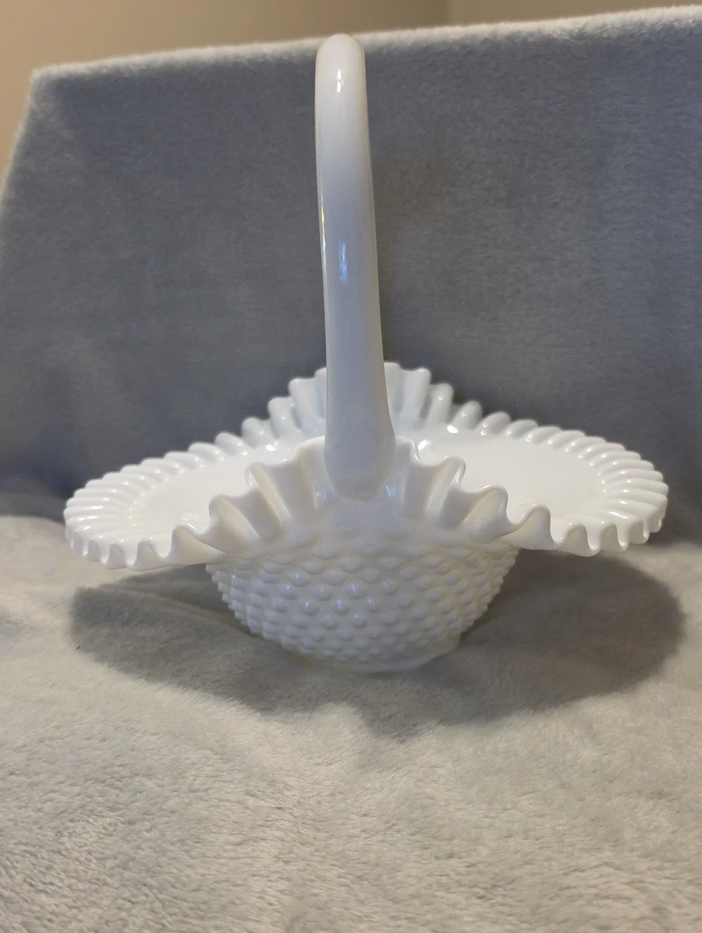 White Milk Glass Hobnail Ruffled Basket with Handle