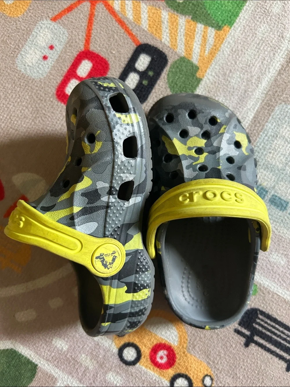 CROCS Kids Gray Camo Clogs with Yellow Strap Accents