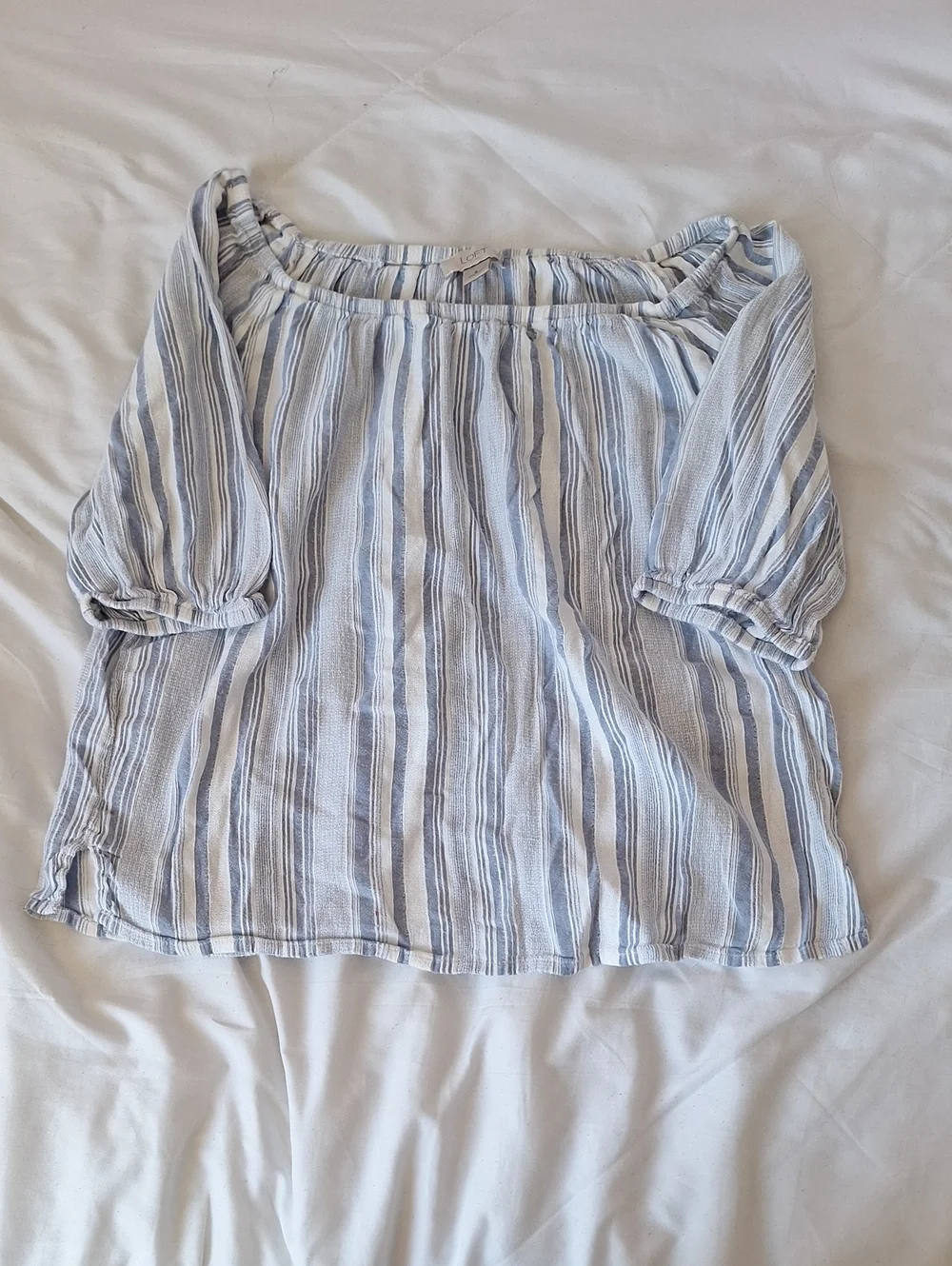 LOFT Blue and White Striped Off-Shoulder Peasant Blouse