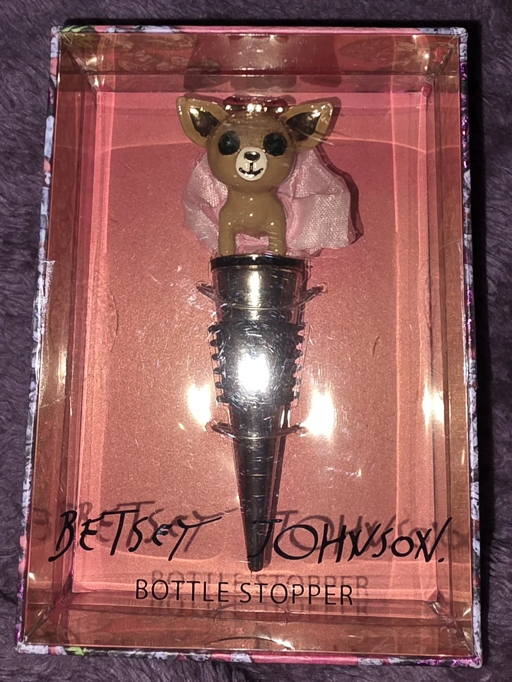 Betsey Johnson Chihuahua Head Wine Bottle Stopper in Pink and Gold
