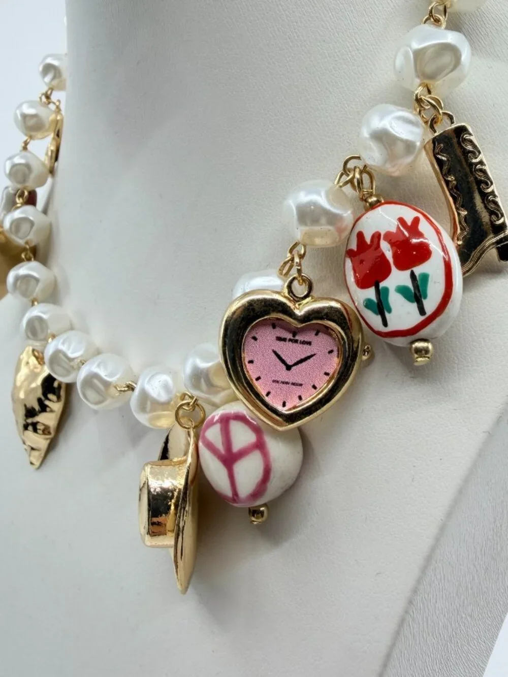 Vintage Gold Tone Faux Pearl Charm Necklace Cowgirl Heart Watch Pendant Quirky