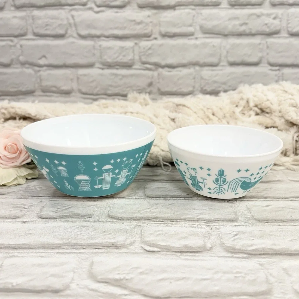 Vintage Charm Pyrex Inspired Rise n' Shine 2 Mixing Nesting Bowl Teal  10c & 6c