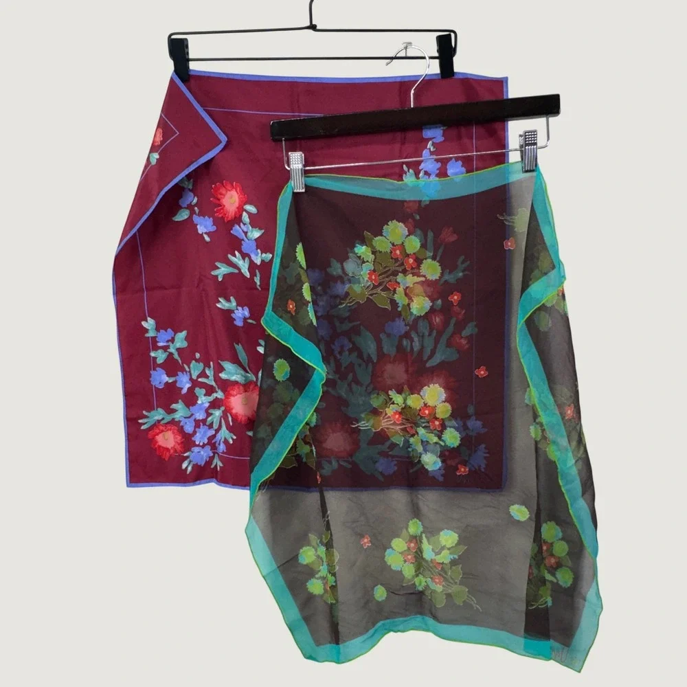 Vera Scarf Squares Set of 2 Burgundy Red Floral Silk Blend Vintage Cottagecore