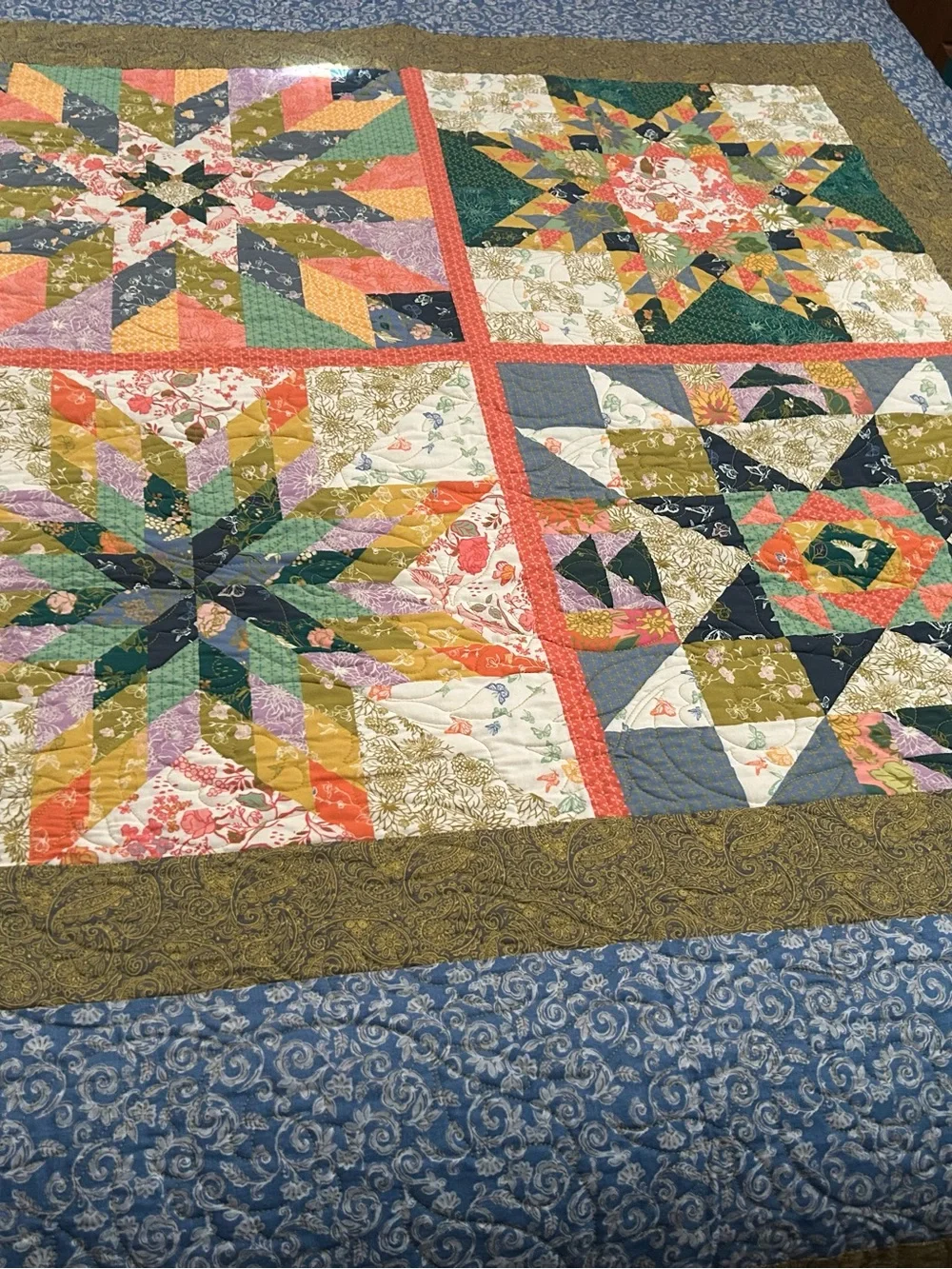 ONE OF A KIND - Handmade Multicolor Patchwork Quilt - Floral Star Pattern