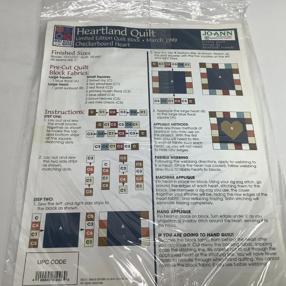 JoAnn Heartland Quilt Block  Checkerboard Month March‎ 1999 Heart Sealed new