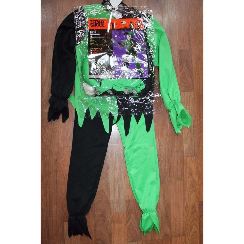 Boys LRG 10 12 Evil‎ Jester Joker Halloween Renaissance Costume Skeleton NEW