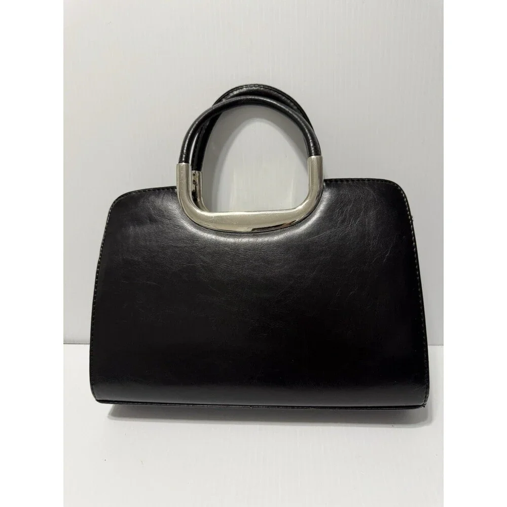 Black Faux Leather Metal Handle Handbag Purse With Removable Insert Vintage