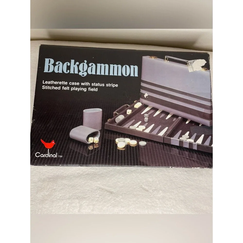 Cardinal Backgammon Game Vintage Faux Leather Travel Case Complete Gray Ivory