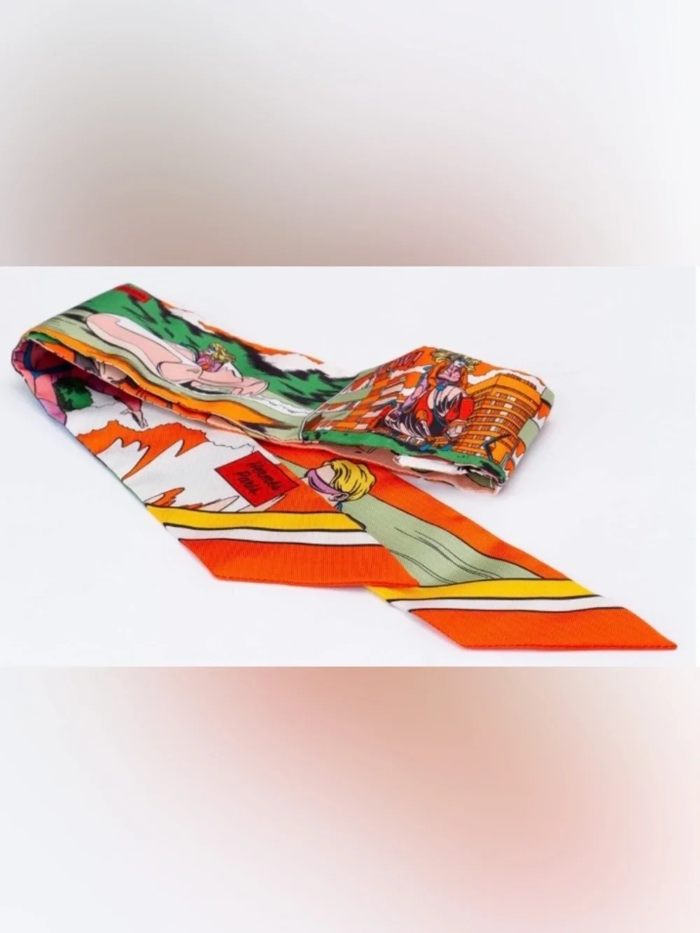 Hermes. “WOW “ Twilly Scarf 100% Silk Ladies Orange Multi Color NWT