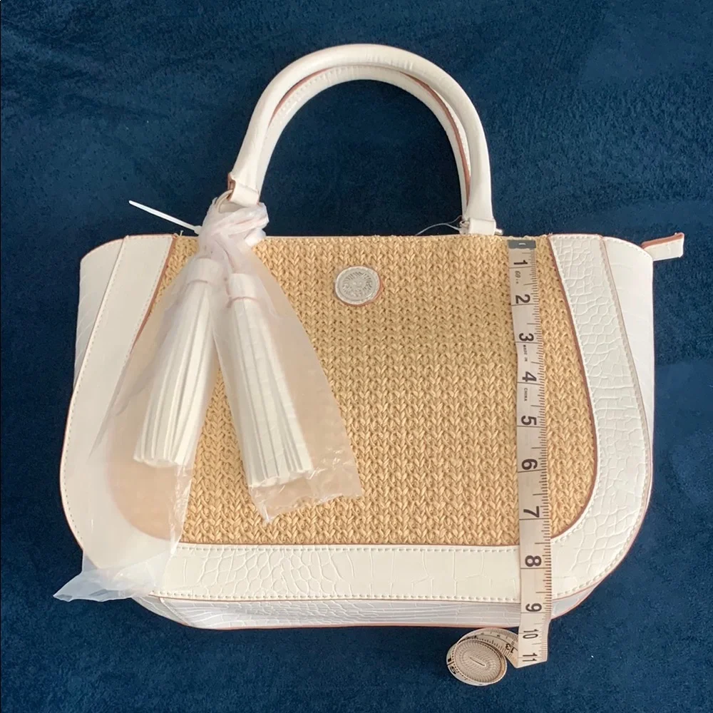 Anne Klein White and Tan Satchel with Chic Tassel with shoulder strap.