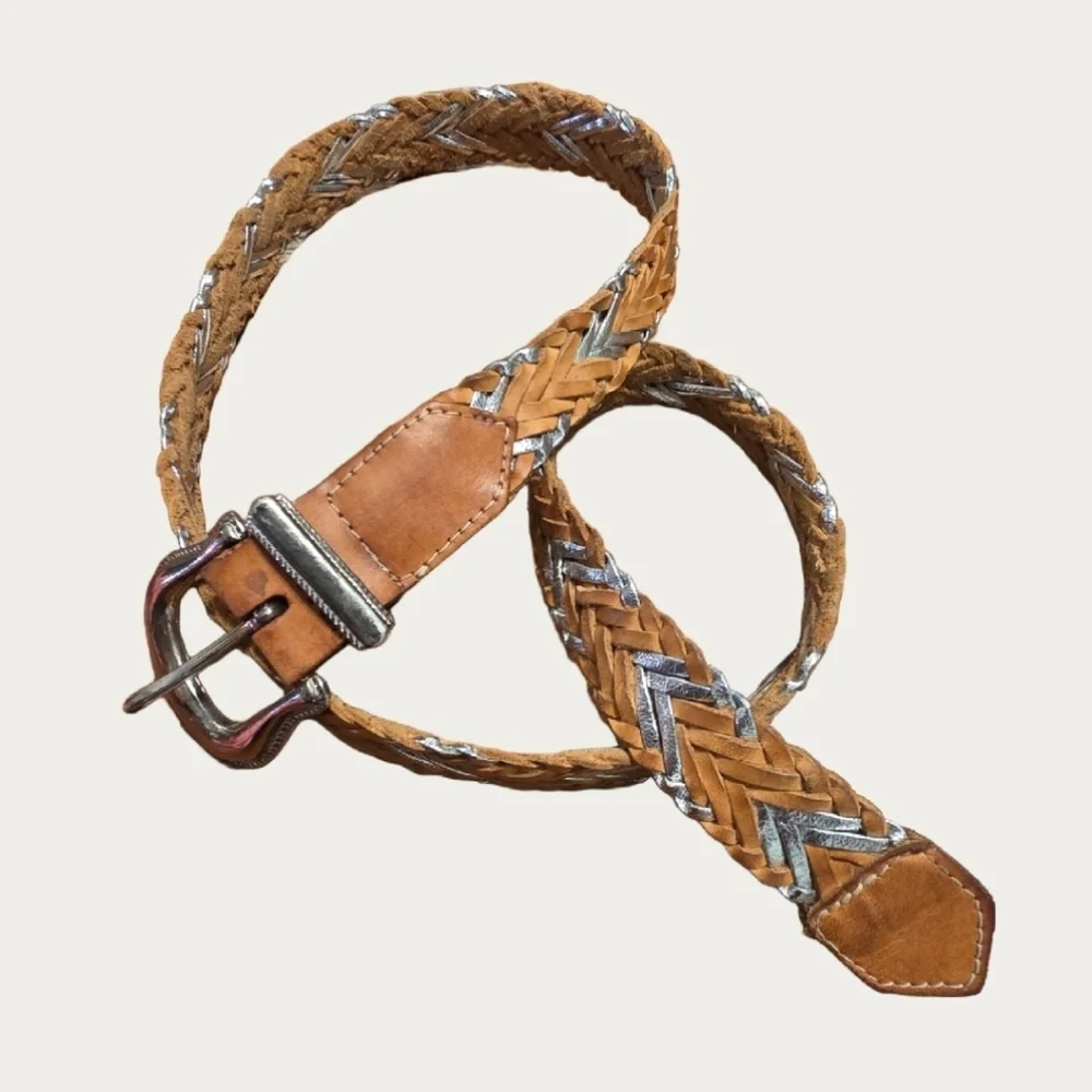 Vintage Liz Claiborne Woven Tan & Silver Leather Belt with Silver Tone Buckle M