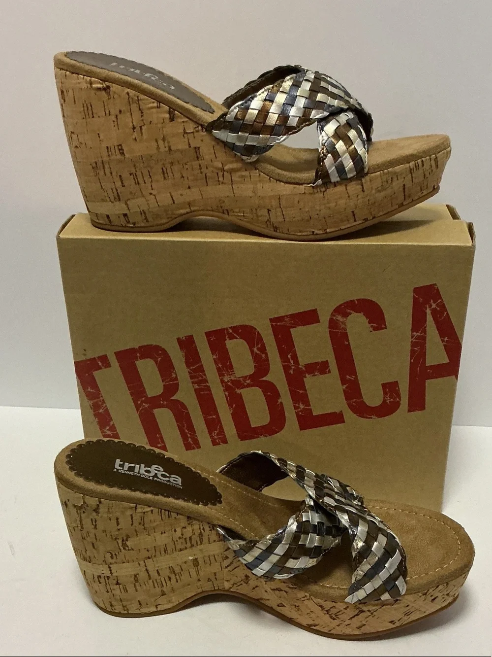 Tribeca by Kenneth Cole Braided Metallic Wedge Sandals - Silver & Gold