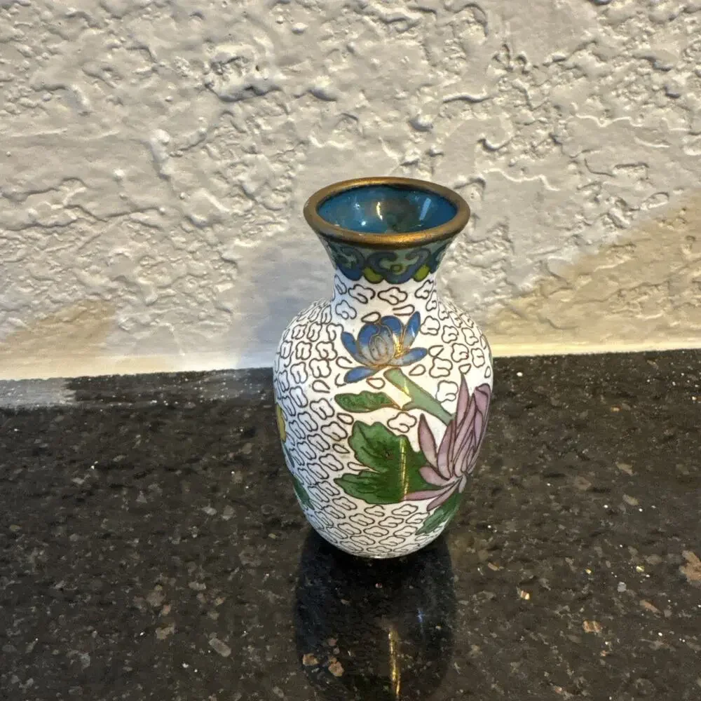VTG Chinese Cloisonné Floral Bird Enamel Brass Mini Vase White Purple Yellow