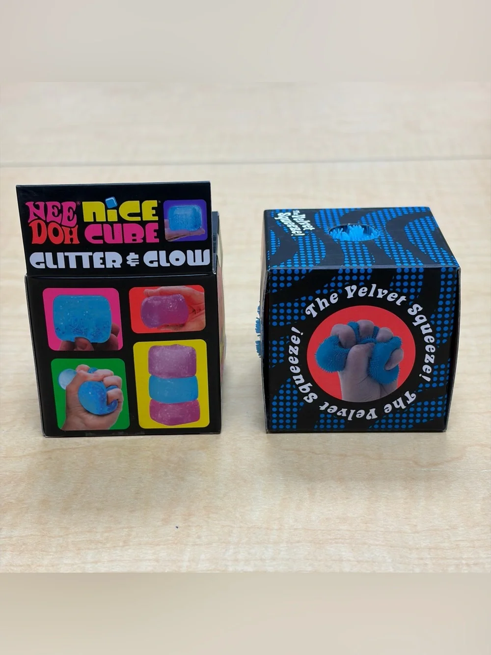 Lot of 2: Needoh Fuzz Ball Wonder/Nice Cube Glitter & Glow Fidget Blue/Pink New
