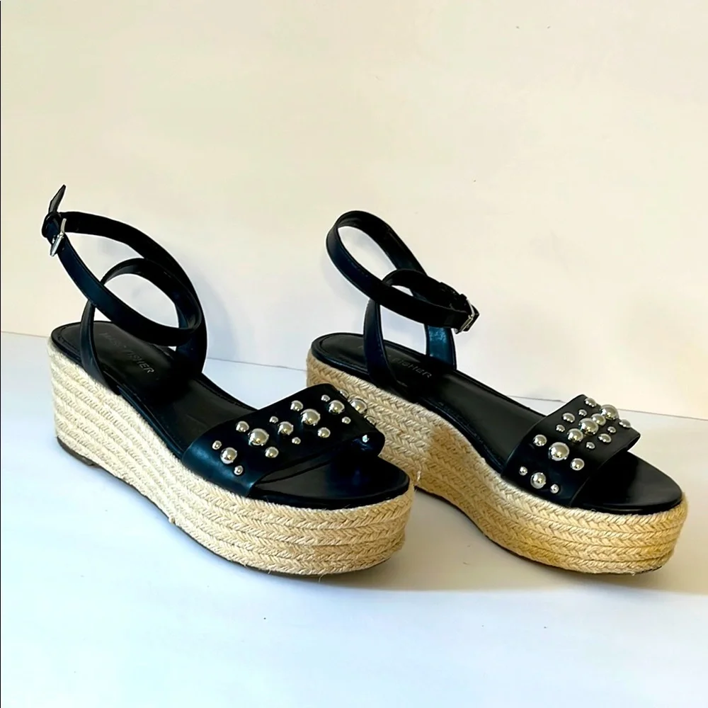 Marc Fisher Black Leather Ankle Strap Studded Wedge Sandals Sz‎ 7