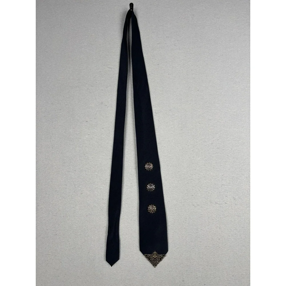 Vintage Express Tie Mens One Size Black Metal Medallion Polyester Necktie 80s