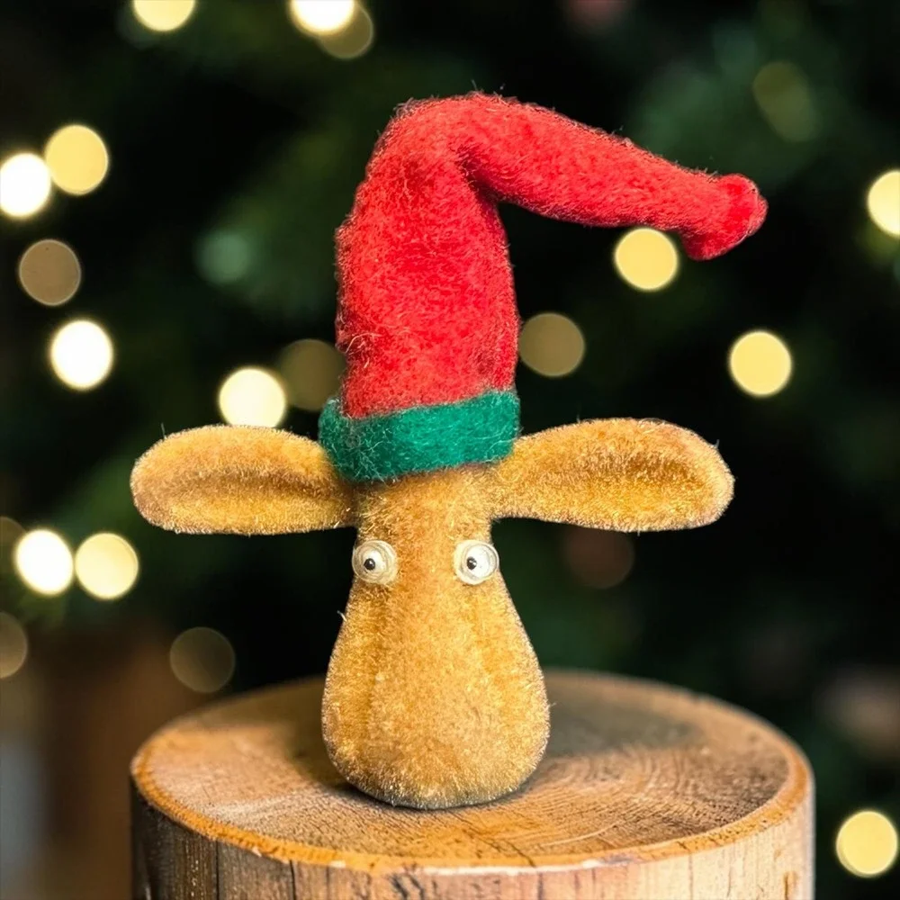 Vintage Flocked Reindeer Elf Hat Lapel‎ Pin Christmas Novelty Brooch