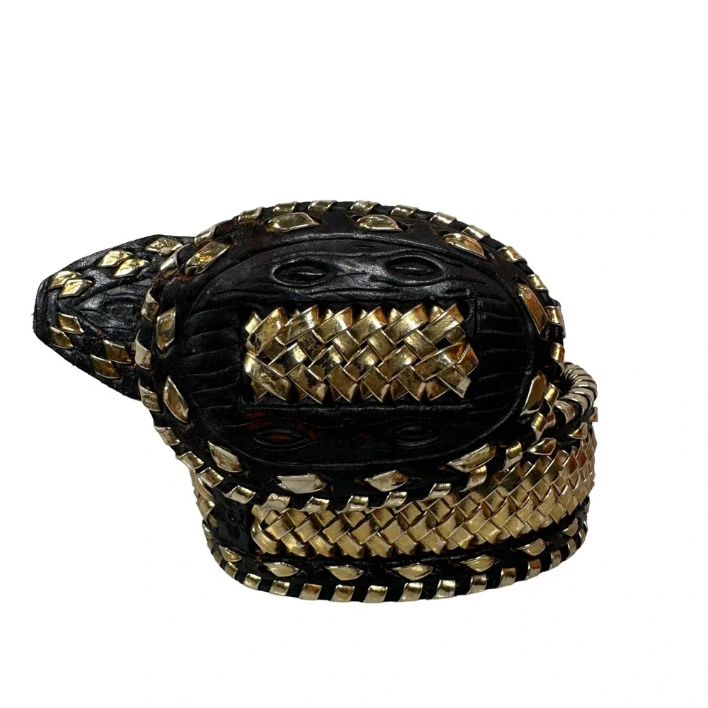 Vintage western Black and‎ Gold Woven leather Belt metallic