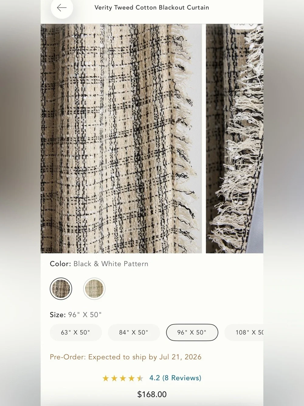 Anthropologie verity tweed cotton blackout curtain panel black white 50 x 96 in