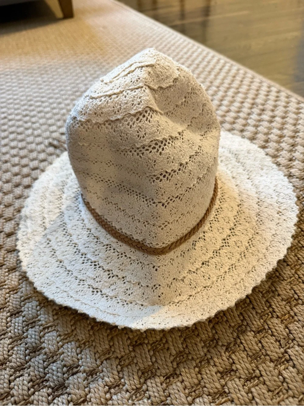 Crocheted Straw Sun Hat with Leather Tie - Cream