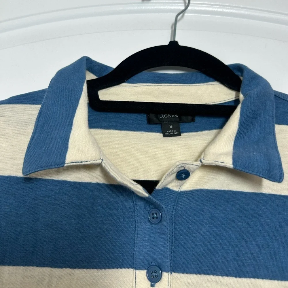 J Crew Blue Striped Long Sleeve Polo Rugby Shirt Size S Preppy Retro Academia