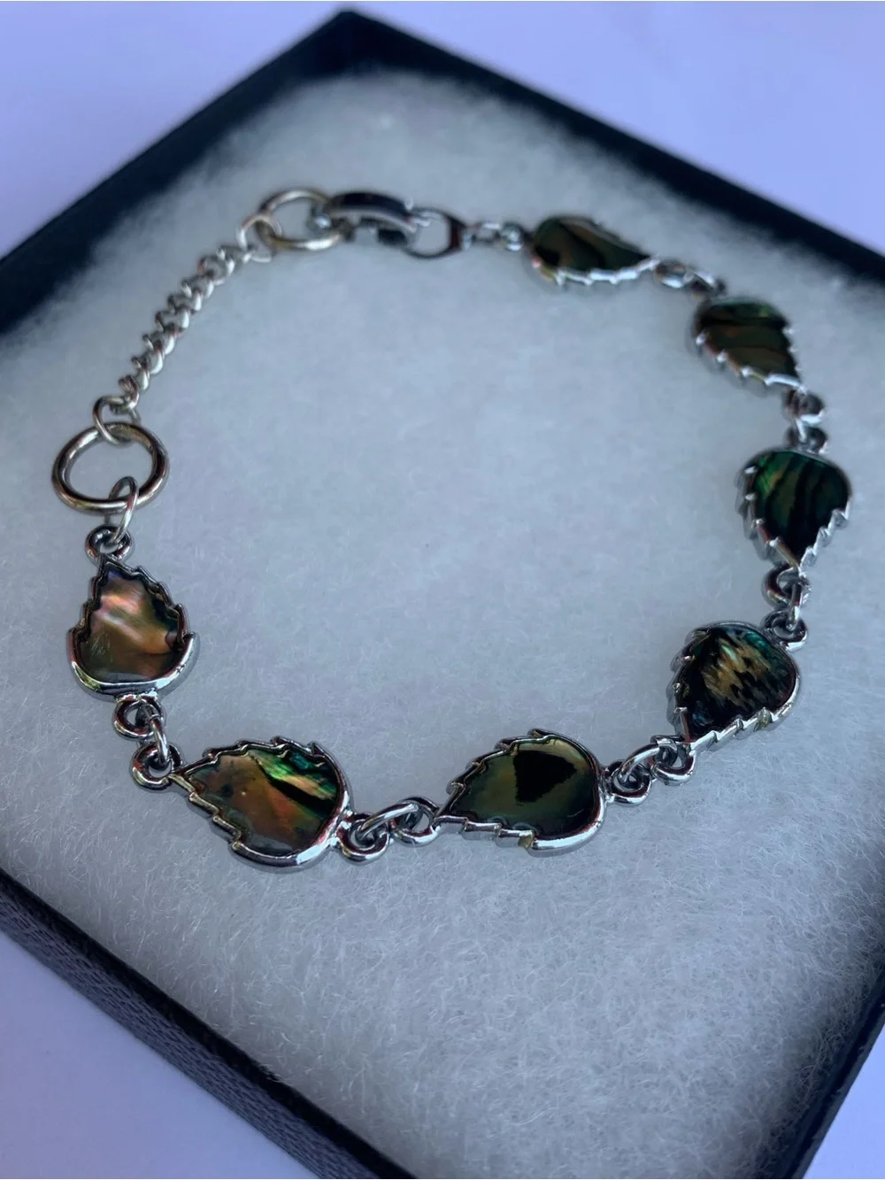 Silver Abalone Shell Teardrop Link Bracelet - Green Accent