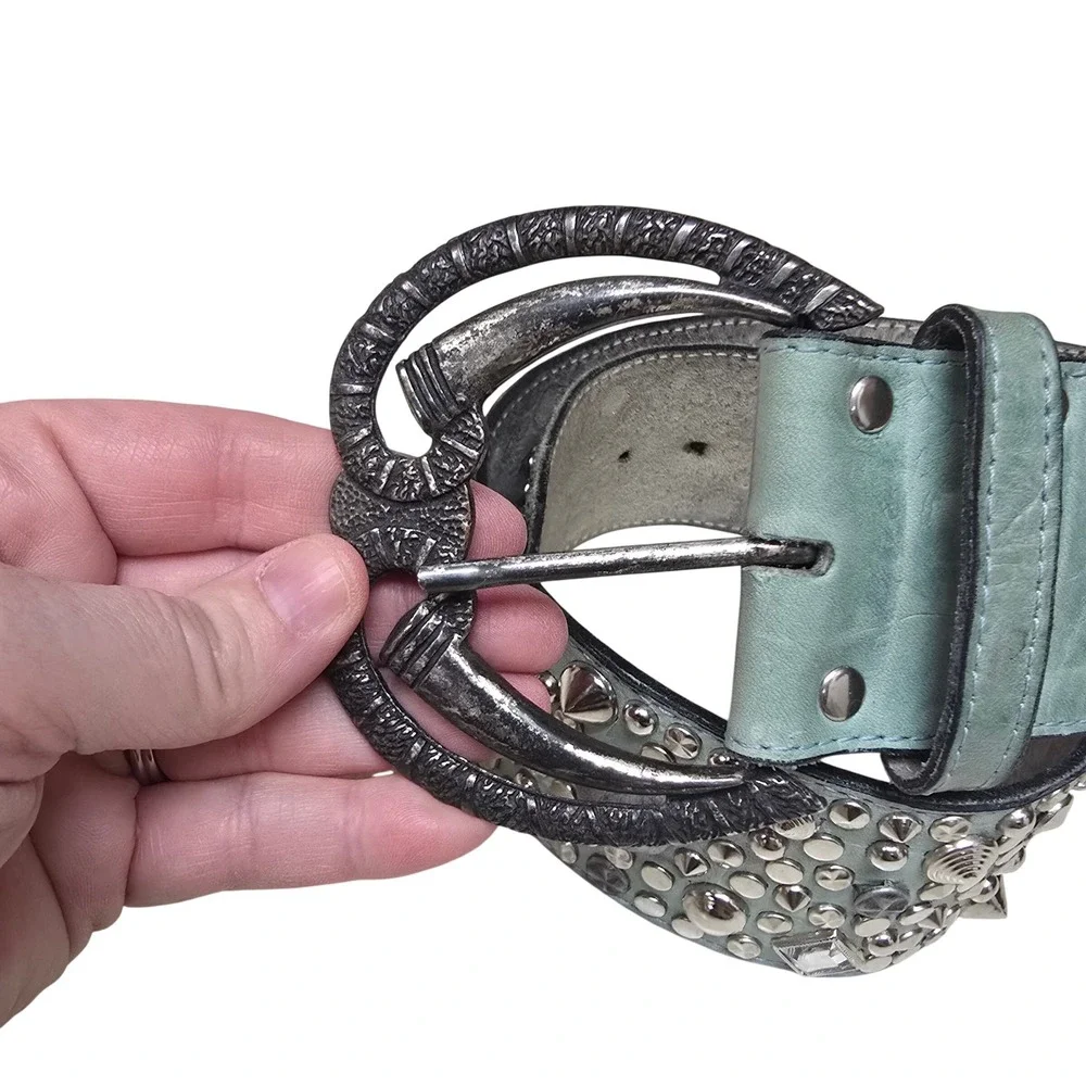 Chad Calvin Designs Teal Leather‎ Studded Belt Western Boho Cowgirl Silver 26