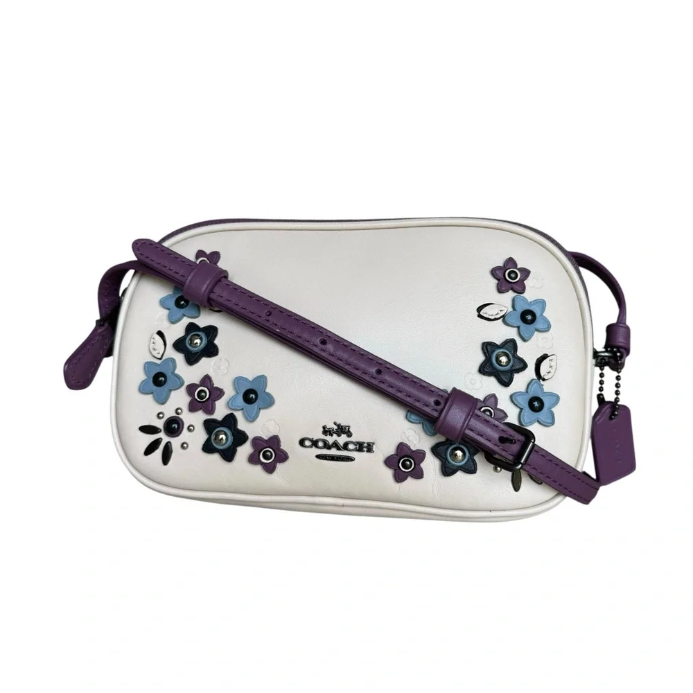 Coach Floral Appliqué Crossbody Bag Off White Purple Leather