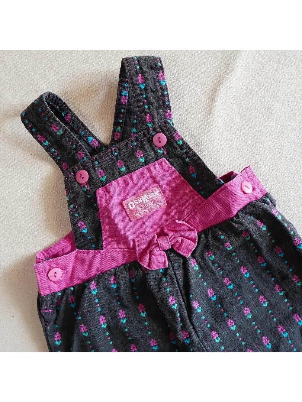Vintage OshKosh B'gosh Baby Girl 18M Woven Cotton Floral Overalls 90's USA