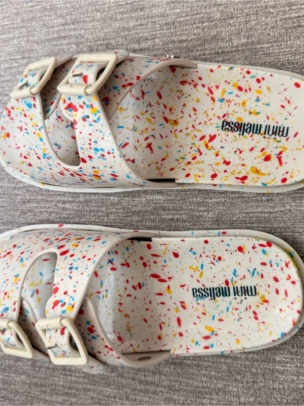 Mini Melissa White Slide Sandals with Colorful Speckle Print size 2