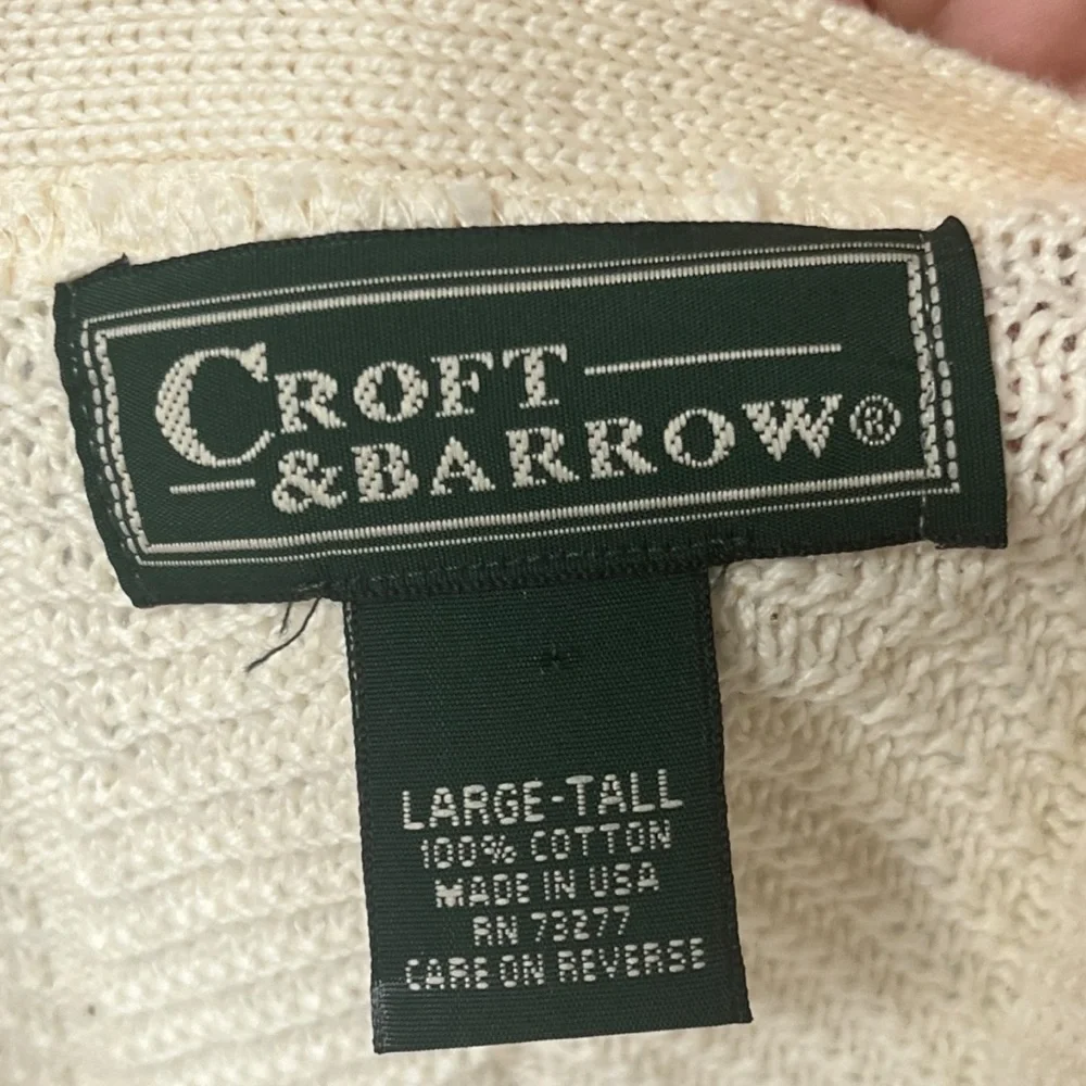 Vintage Cream Knit Fisherman Sweater Cotton Croft & Barrow Mens Size Large Tall