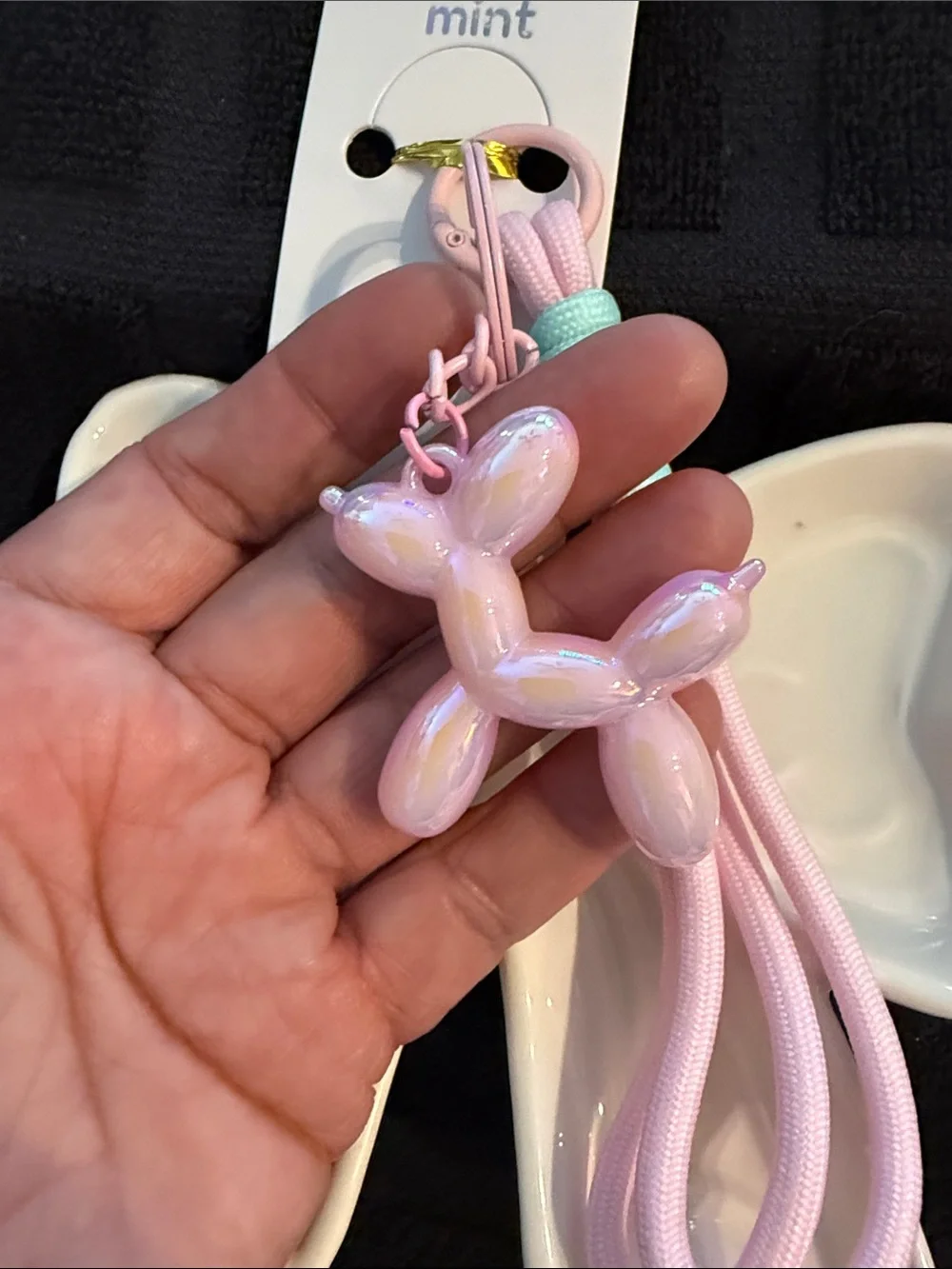 Mint Pink Balloon Dog Keyring with Mint Cord Accent