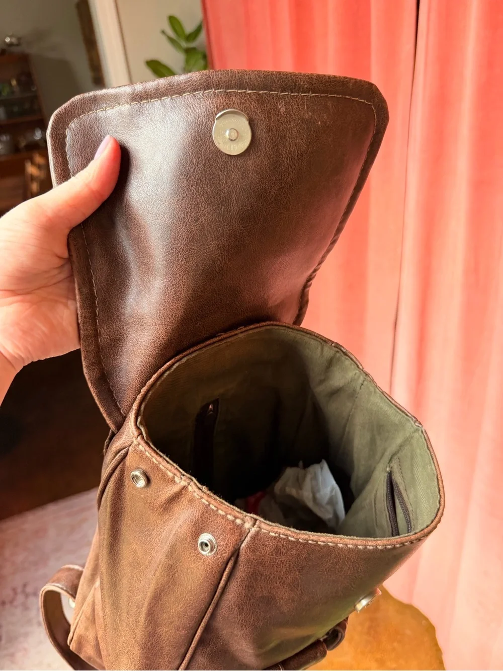 Vintage Nine West Brown Faux Leather Mini Backpack with Front Buckle Pockets