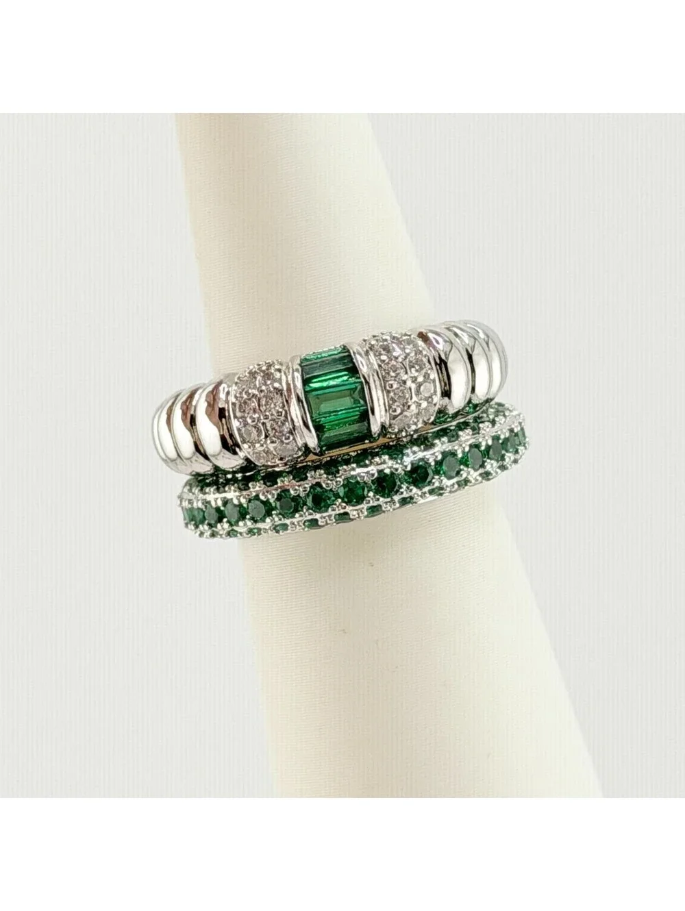 Bomb Party May 2pc Ring Size 7 “Evergreen” Lab Created Emerald on Rhodium