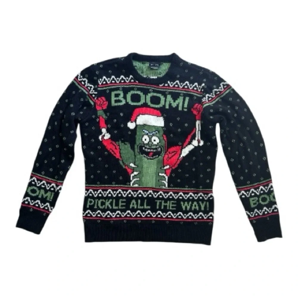 Rick and Morty Boom! Pickle Rick Adult Unisex Ugly Christmas Sweater Black