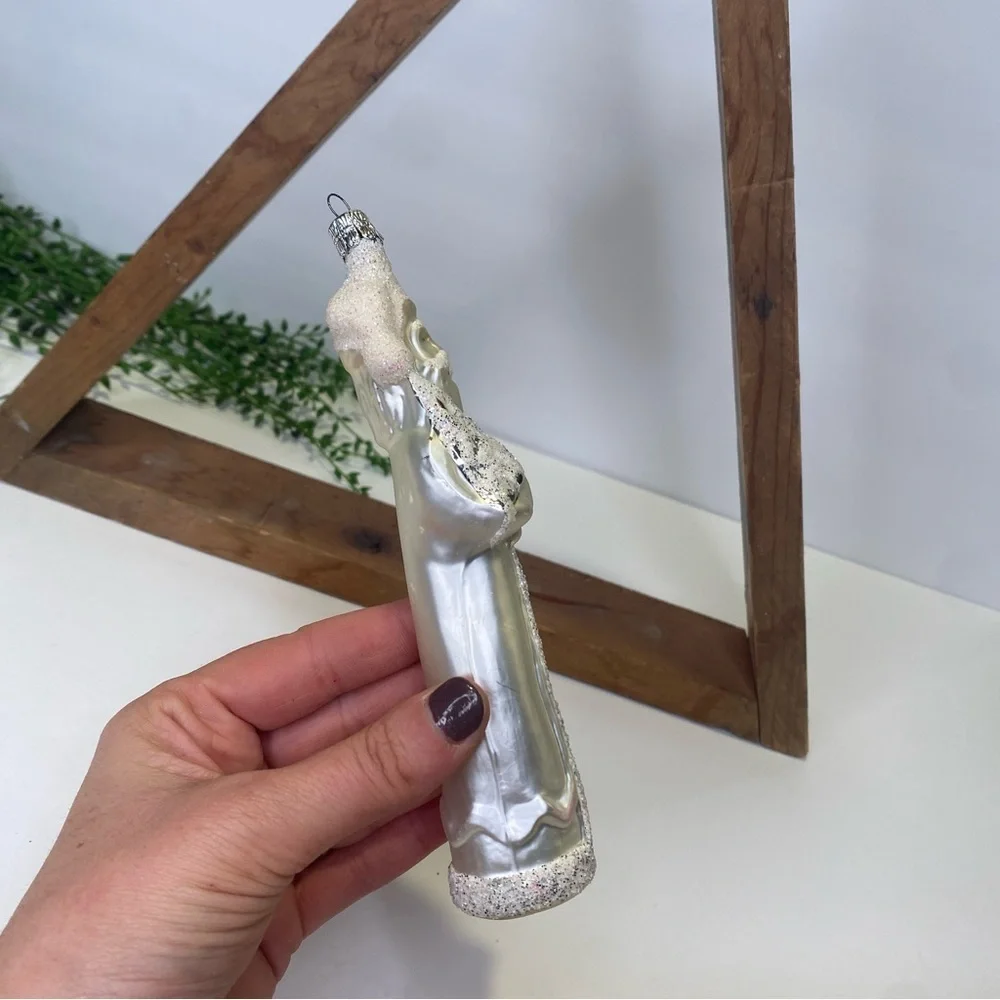 Vintage Czech Republic White Glitter Blown Glass Santa Christmas Tree Ornament