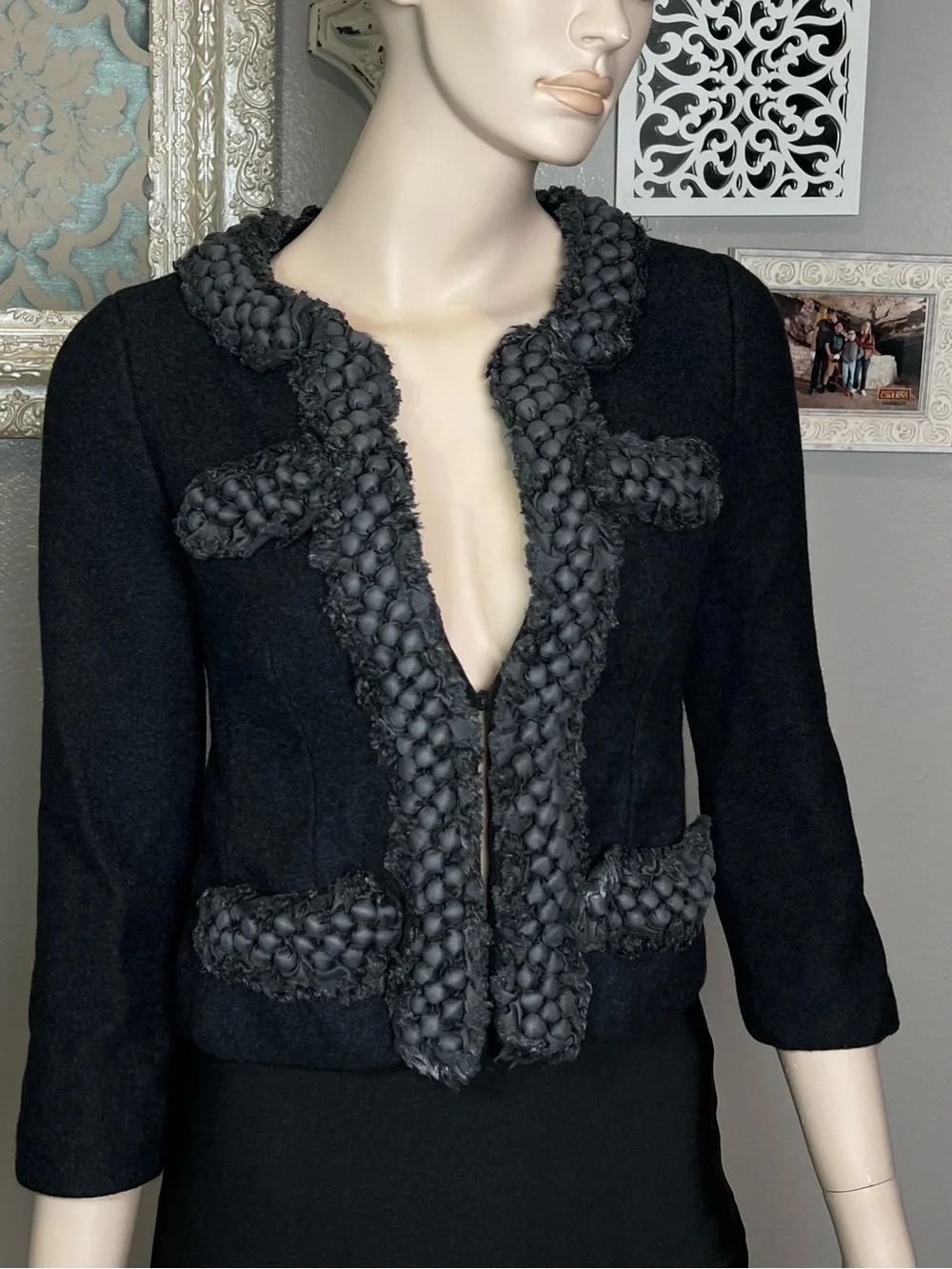 J Crew Wool Blend Denim Blue Cropped Jacket with Braided Trim