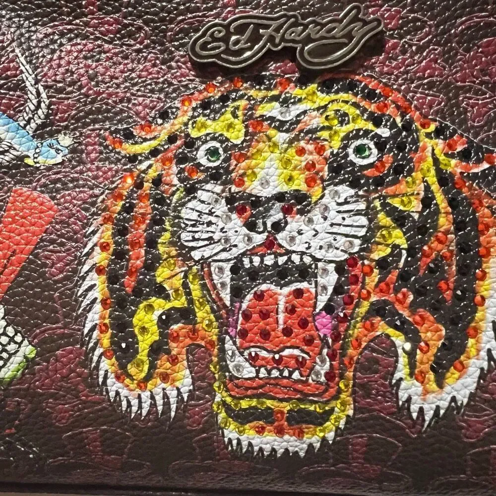 New Retro Y2K Ed Hardy Logo Bling Tiger Kiss lock Clutch removable chain strap