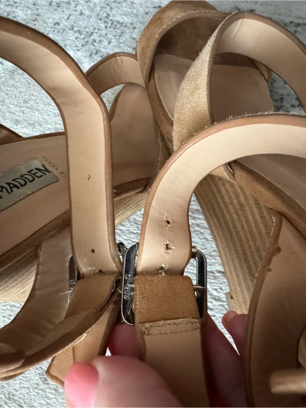Steve Madden Caley leather suede caramel tan strappy wedge sandals