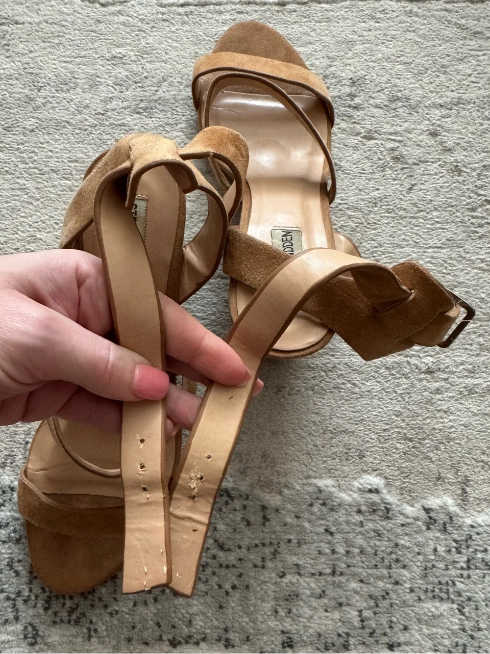 Steve Madden Caley leather suede caramel tan strappy wedge sandals