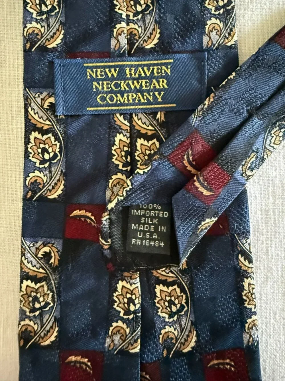 Vintage New Haven Silk Tie Navy Paisley Floral Striped Burgundy Made USA