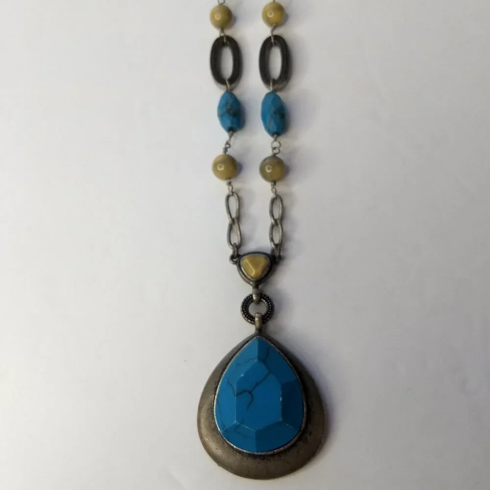 Lia Sophia Blue Faceted Pendant Necklace Silver Tone Mustard Stones Links Y2K