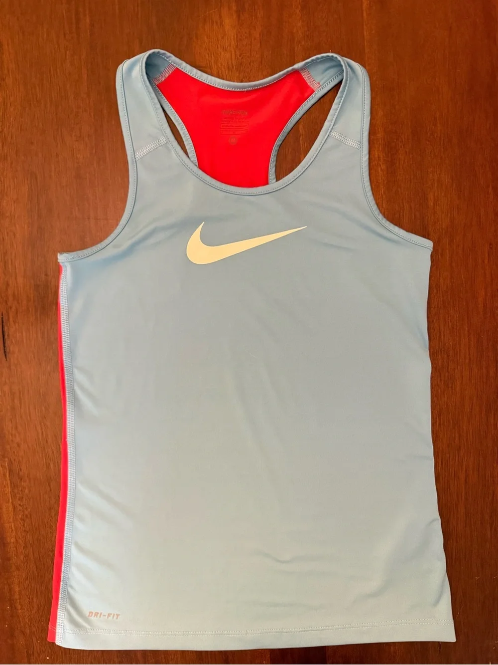 Nike Light Blue Racerback Tank with Red Interior and Yellow Swoosh
