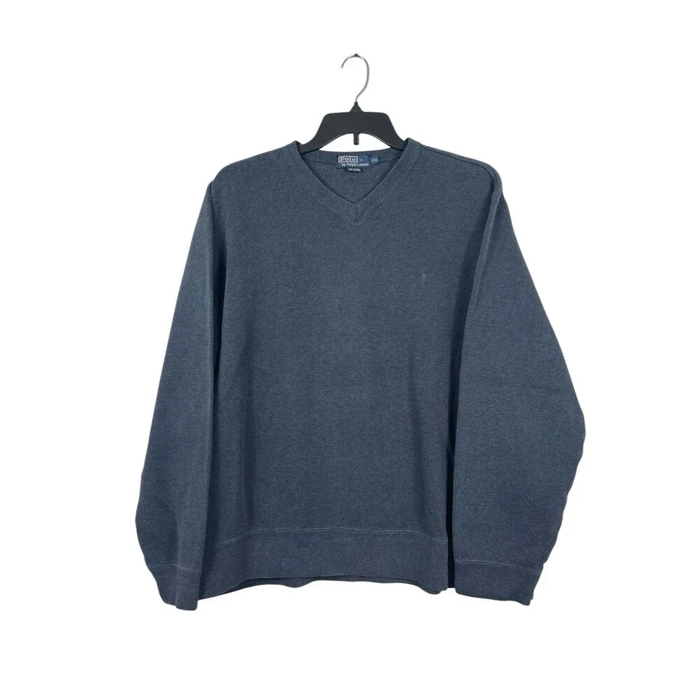 Polo Ralph Lauren XXL V-neck Blue Heavy Ribbed Sweatshirt 100% Cotton Logo