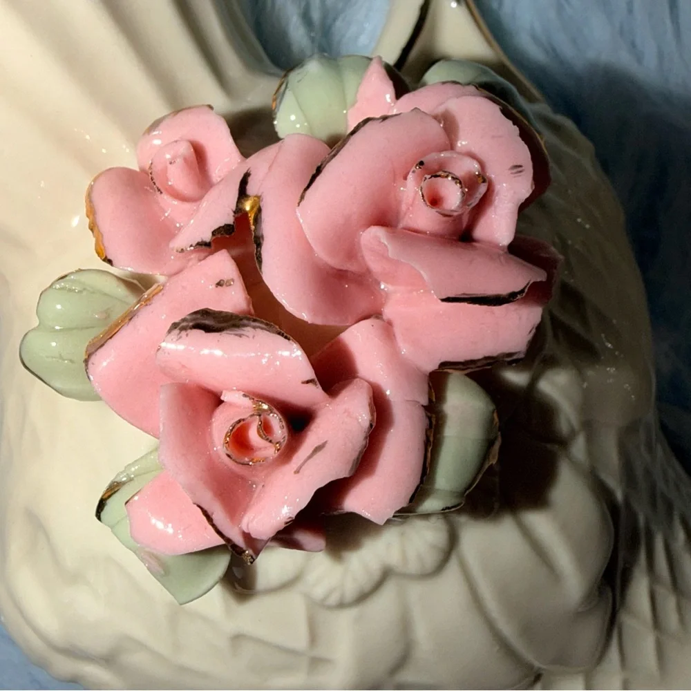 Vintage Porcelain Pink Rose Pitcher Vases Lattice Pattern Gold Trim Collectible