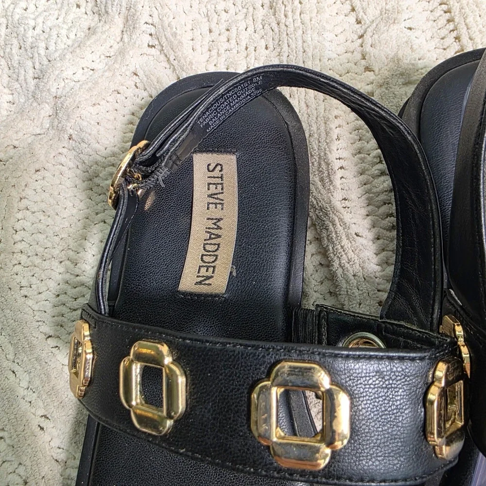 Steve Madden Flatform Platform Sandals Black Gold Rivet Milan Women 8M Excellent