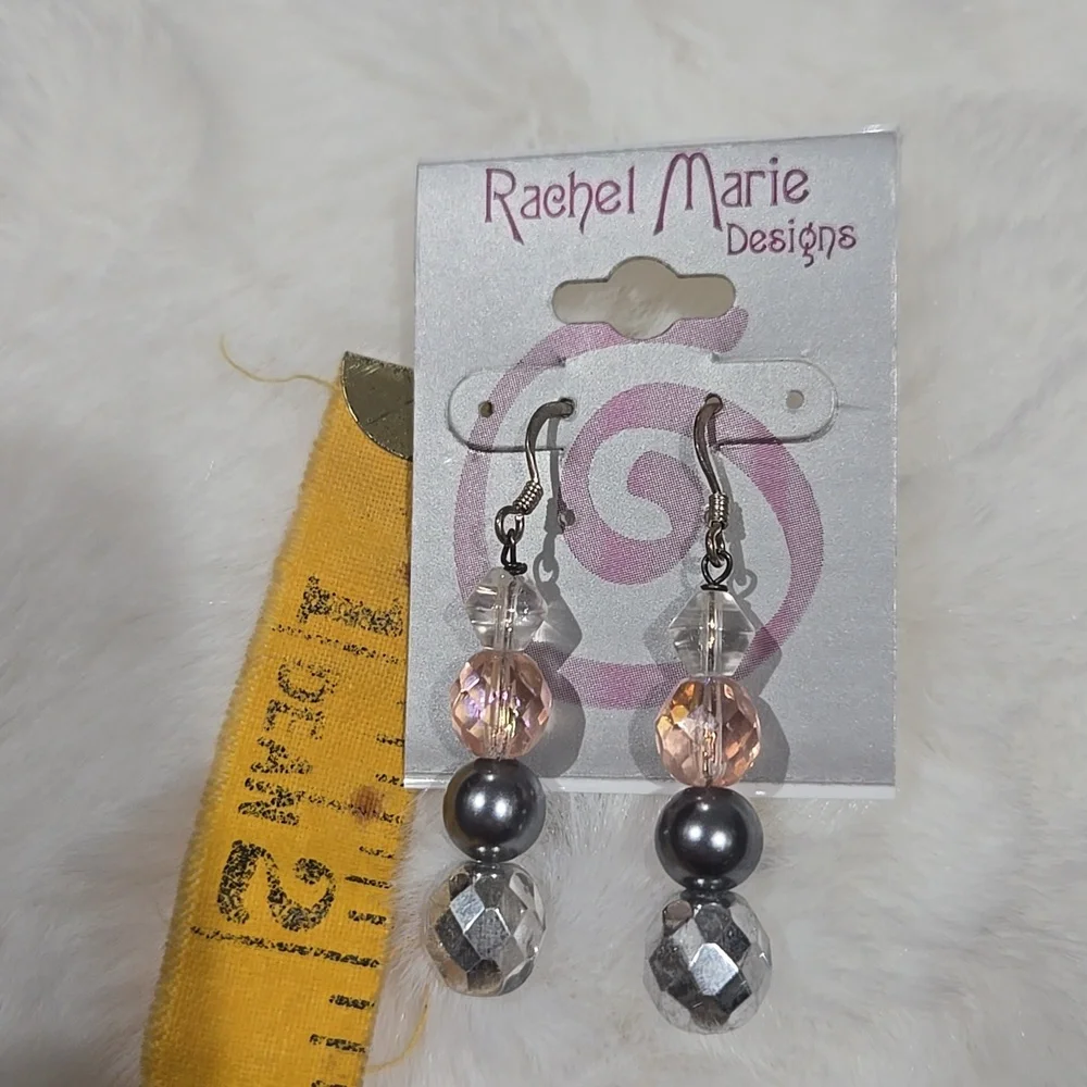 Rachel Marie designs hand crafted earrings ,silver, gray, pink, clear beads NEW
