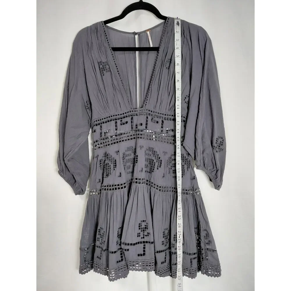 Free People Grey A-Line Short Embroidered Dress Women Size S